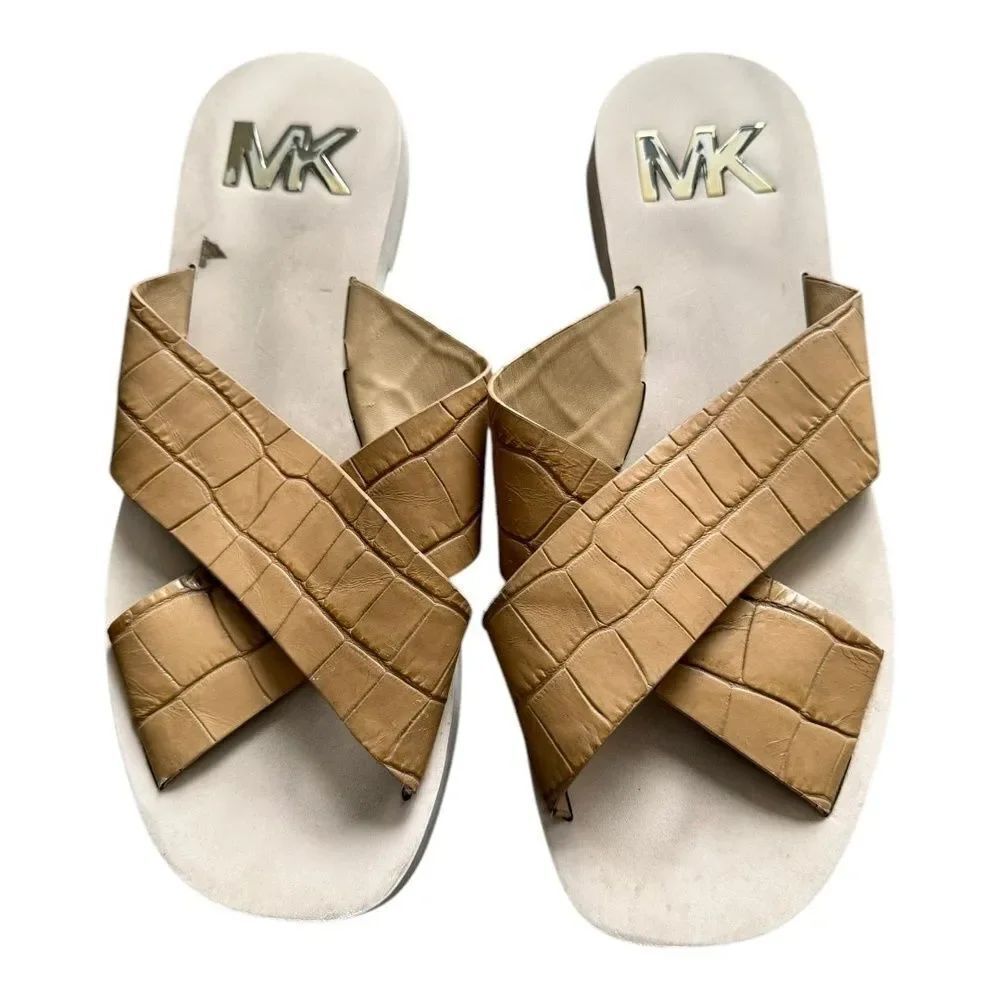 Michael Kors Womens Glenda Slide Sandals Leather Brown Shoes Flats 7M